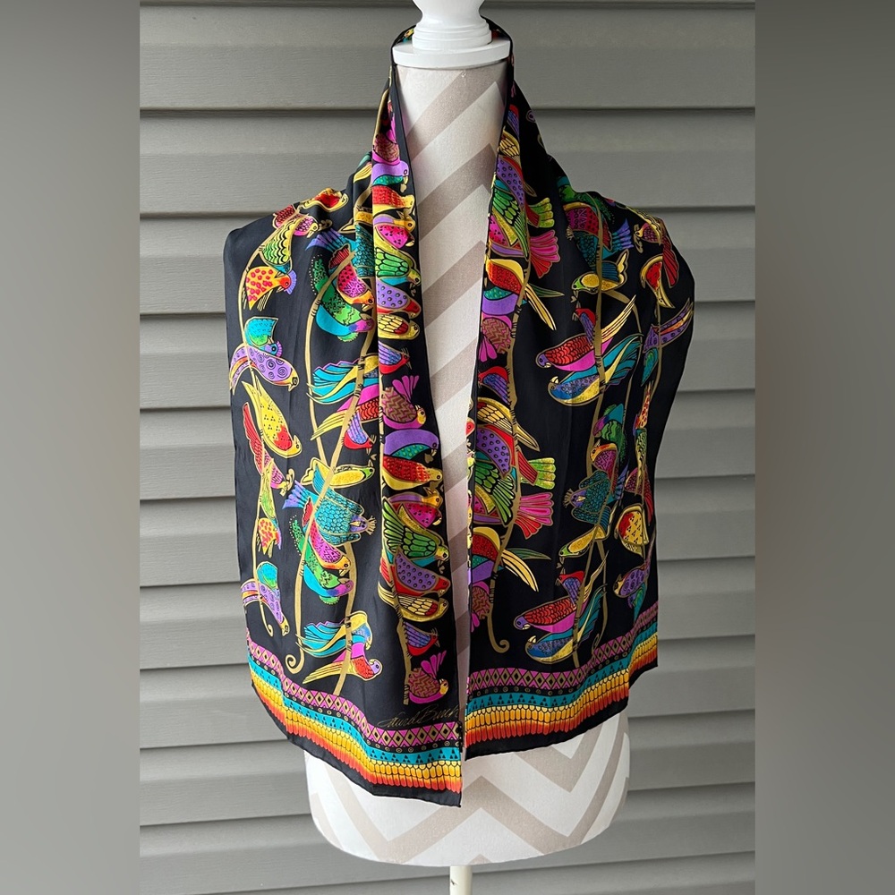 Vintage Scarf Laurel Burch Colorful Birds 11" x 52" Signed - Picture 2 of 7